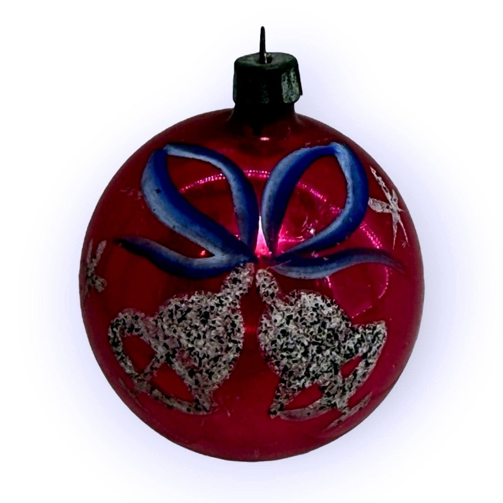 Poland Mercury Glass Bell Ornament Hand Painted Magenta Pink Glitter VTG 1950s